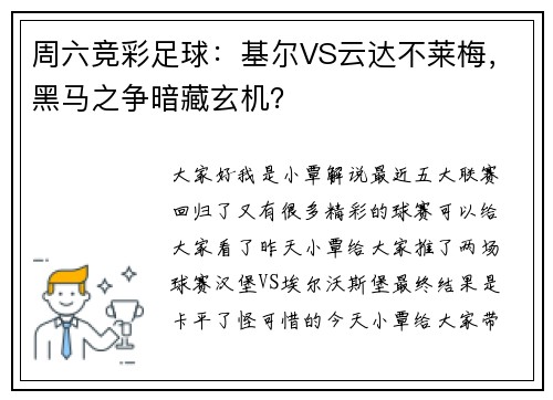 周六竞彩足球:基尔VS云达不莱梅,黑马之争暗藏玄机?