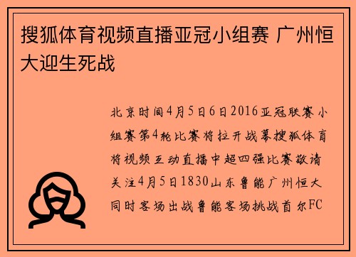 搜狐体育视频直播亚冠小组赛 广州恒大迎生死战